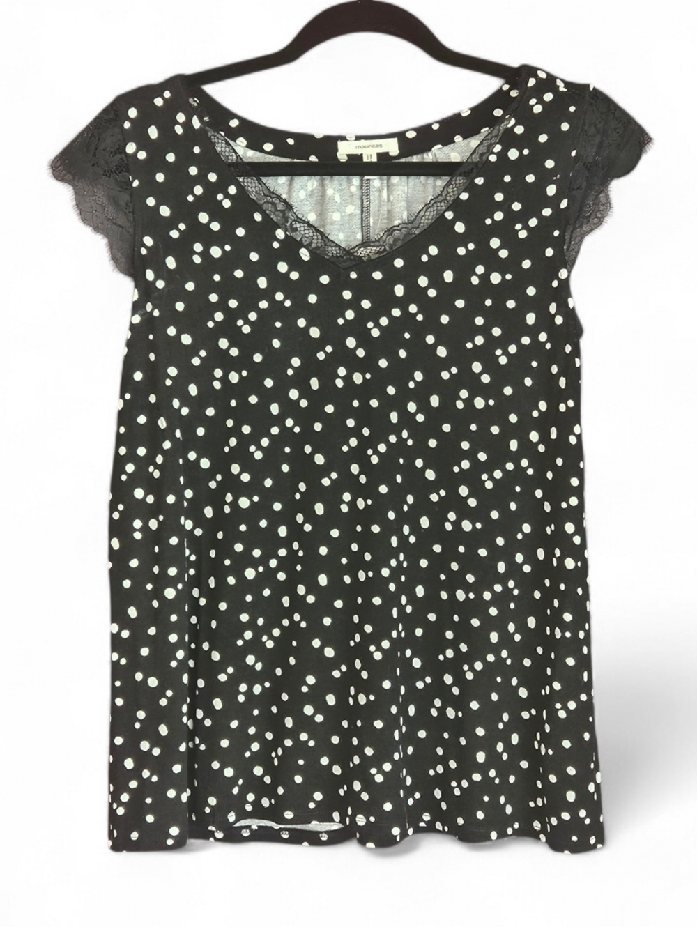 NWT Maurices Polka Dot Lace Trim V-Neck Top Small Black White Cap Sleeve